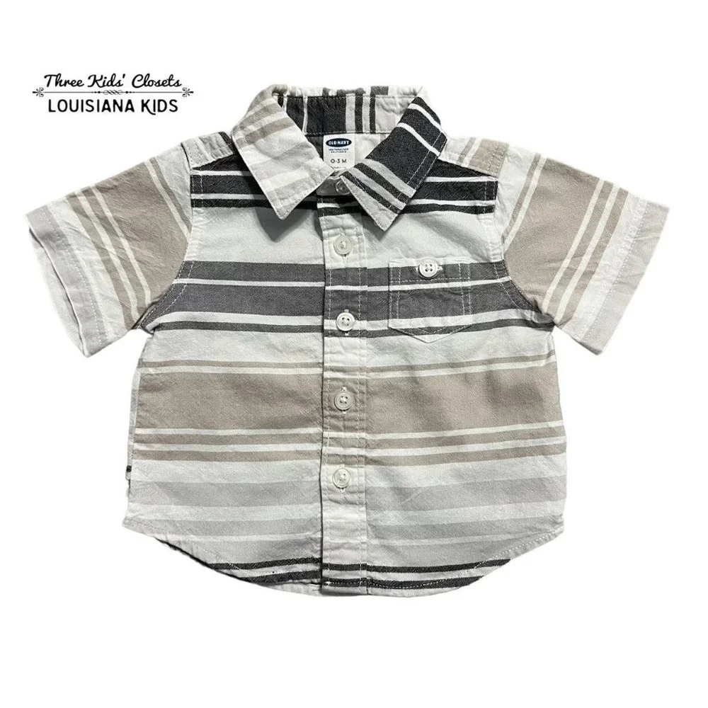 Old Navy 0-3m Grey & Tan Striped Button Down Shirt